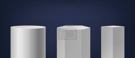 White Column Podiums. Vector Round, Hexagonal and Square Shaped Pillars For Events, Speeches, And Presentations. Sleek And Modern Stages Or Platforms For Cosmetics, Exhibition, and Products Showcase