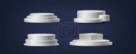 Illustration for White Podiums For Cosmetics, Realistic 3d Vector Round Platforms Or Pedestals Mockup For Products Displaying. Studio Stands Circular Stairs For Cosmetic Presentation, Minimalist Showcases - Royalty Free Image