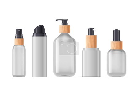 Illustration for Cosmetics Bottles Stand in Row. Realistic 3d Vector Mockup. Stylish Containers Designed To Hold Beauty Products, Featuring Elegant Shapes And Precise Dispensers For Optimal Application or Preservation - Royalty Free Image
