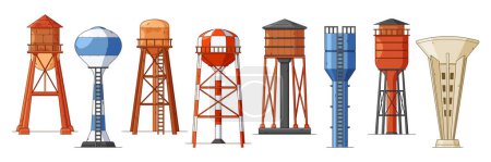 Ilustración de Las torres de agua son estructuras elevadas que se utilizan para almacenar y distribuir agua a las comunidades. Confían en la gravedad para mantener la presión del agua en los sistemas municipales de suministro de agua. Ilustración de vectores de dibujos animados - Imagen libre de derechos