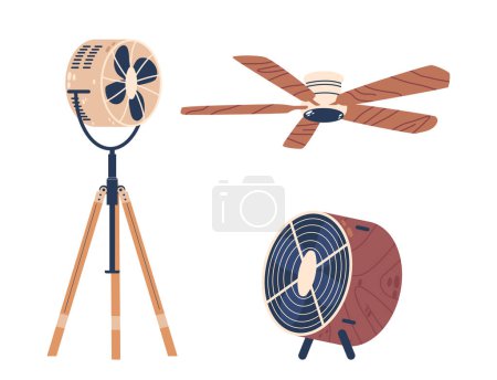 Illustration for Electric Fans, Floor, Ceiling and Table Devices That Circulate Air Using Rotating Blades Powered By Electricity, Providing Cooling And Ventilation In Homes And Offices. Cartoon Vector Illustration - Royalty Free Image