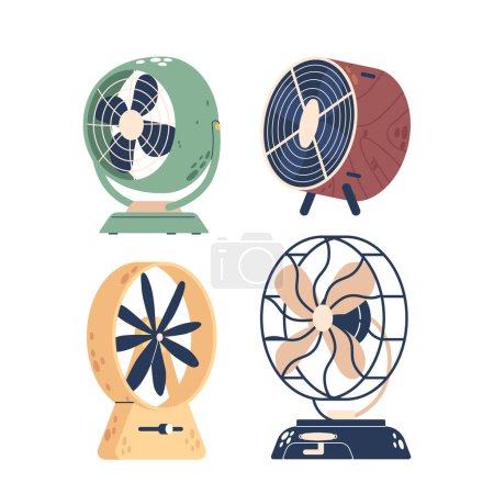 Photo for Electric Fans Circulate Air Using Rotating Blades Powered By Electricity, Providing Cooling And Ventilation In Homes, Offices and Indoor Spaces. Table Circular Ventilators. Cartoon Vector Illustration - Royalty Free Image