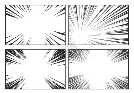 Téléchargez les illustrations : Comic Speed Lines Set. Effets visuels vectoriels dynamiques utilisés dans le manga, l'anime et les dessins animés pour représenter le mouvement, l'action ou l'intensité, rayonnant ou éclatant les cadres créent un sentiment de vitesse ou d'impact dans la scène - en licence libre de droit