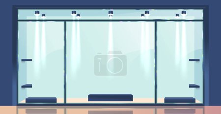 Ilustración de Fachada realista del vidrio del vector 3d de la tienda o del edificio comercial de la oficina. El escaparate transparente de la boutique brilla con modernidad, invitando a los transeúntes, ofreciendo un vistazo al interior vibrante - Imagen libre de derechos
