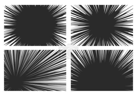 Ilustración de Conjunto de líneas de velocidad cómica, explosión de destello abstracto con líneas radiales y rectas blancas sobre fondo negro. Diseño dinámico vectorial para libros de superhéroes. Explosión, Flash Ray Blast Glow. Marcos de acción vacíos - Imagen libre de derechos