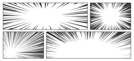 Téléchargez les illustrations : Comic Speed Lines Set. Effets visuels vectoriels dynamiques utilisés dans le manga, l'anime et les dessins animés pour représenter le mouvement, l'action ou l'intensité, rayonnant ou éclatant les cadres créent un sentiment de vitesse ou d'impact dans la scène - en licence libre de droit