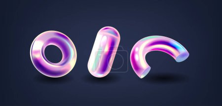 Geometric 3d Shapes with Holographic Iridescent Effect. Solid Figures With Three Dimensions, Such As Torus, Ellipsoid and Semi-ring, Minimal Design Elements. Vector Illustration, Rendering