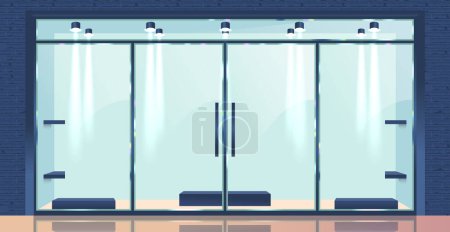 Ilustración de Puerta de cristal, entrada transparente a una tienda o edificio de oficinas, ofreciendo visibilidad y estética moderna. Diseño de fachada comercial minimalista que invita a los clientes a entrar. Ilustración realista del vector 3d - Imagen libre de derechos