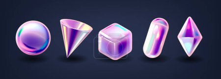Illustration for Holographic Geometric Shapes, 3d Vector Render Sphere, Cube, Cone, Crystal or Ellipsoid Three-dimensional Glossy Forms. Isolated Iridescent Design Elements with Thin Film or Hologram Effect - Royalty Free Image