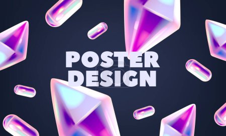Faszinierendes horizontales Poster oder Banner mit holographischen 3D-Formen aus Kristall und Ellipsoid, das durch seine dynamische und immersive Darstellung, Tiefe und Dimension besticht. Futuristische Vektor-Vorlage