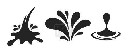 Ilustración de Vector Black Splash Silhouettes con gotitas, formas de gota de agua, salpicaduras de ráfaga líquida y manchas de tinta con gotas. Elementos de salpicadura de líquido monocromo. Pintura, manchas de aceite, formas de fluidos y trazos - Imagen libre de derechos