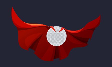 Illustration for Vibrant Scarlet Superhero Cloak Billows Behind Round Frame, Symbolizing Courage And Justice, Red Fabric Rippling With Heroic Stride. Super Hero Cape Isolated Mockup. Cartoon Vector Illustration - Royalty Free Image