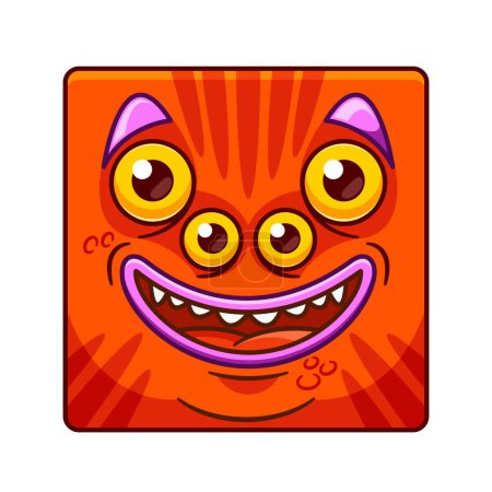 Ilustración de Cara de personaje de monstruo de dibujos animados feliz con una amplia sonrisa, ícono cuadrado o avatar. Bestia divertida con múltiples ojos saltones, dientes afilados y cabello rojo, expresando una expresión sobresaltada. Ilustración vectorial - Imagen libre de derechos