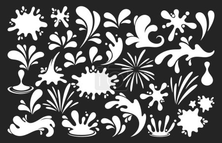 Illustration for White Splashes And Blobs, Abstract Elements and Patterns Isolated on Black Background. Fluid Splashing Forms Characterized By Dynamic, Organic Shapes In Varying Sizes. Collection Vector Illustration - Royalty Free Image