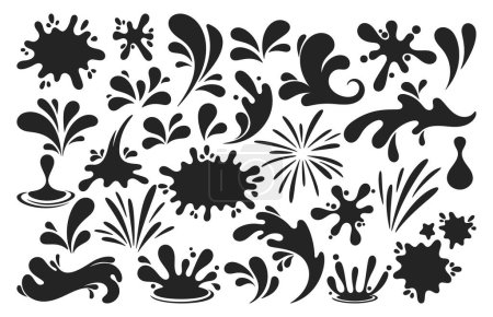 Illustration for Set of Black Splash Silhouettes With Droplets. Water Drop Shapes, Liquid Burst Splashes And Ink Blots with Drops. Liquid Splatter Monochrome Elements, Paint, Oil Blobs and Strokes. Vector Illustration - Royalty Free Image