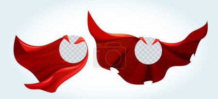 Illustration for Flowing Scarlet Cloaks with Round Transparent Frames, Billowing Majestically Behind The Hero, Imbued With Essence Of Courage And Protection, Symbolizing Hope And Strength. Cartoon Vector Illustration - Royalty Free Image