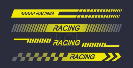 Illustration for Sports Car Stickers, Black and Yellow Vector Designs Embodying Speed And Racing. Decals For Automobile Enthusiasts. Iconic Symbols Like Arrows And Rally Stripes, Enhancing The Vehicle Aesthetic Appeal - Royalty Free Image
