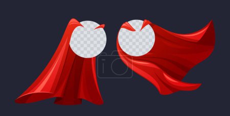 Illustration for Crimson Superhero Cloak with Round Transparent Frame Billows With Heroic Flair, Cape with Vibrant Red Hue Igniting Courage, Embodying The Valor And Mystique Of Justice. Cartoon Vector Illustration - Royalty Free Image