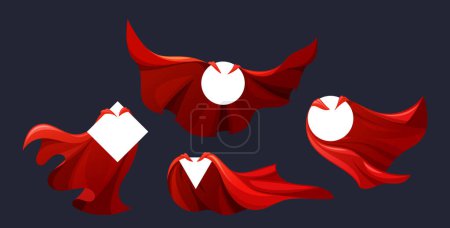 Photo for Red Super Hero Capes Collection. Crimson Superhero Cloak Billows Behind the Rhombus, Circle and Triangle Empty Frames, Embodying Power And Mystery, Bravery And Protection. Cartoon Vector Illustration - Royalty Free Image
