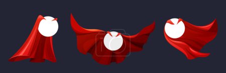 Flowing Scarlet Cloaks Billow Behind The Circular White Blank Frame. Crimson Super Hero Cape, Symbolizing Courage And Protection, Embodying Power And Valor. Cartoon Vector Illustration