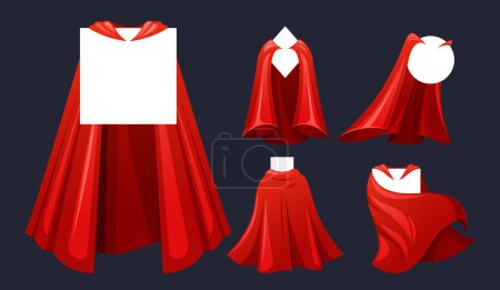 Illustration for Cartoon Vector Billowing Crimson Superhero Cloaks, Flowing With Power And Mystery, Embodies Valor And Justice, Symbol Of Hope Amidst Adversity. Red Capes with Square, Rhombus and Circular Frames Set - Royalty Free Image