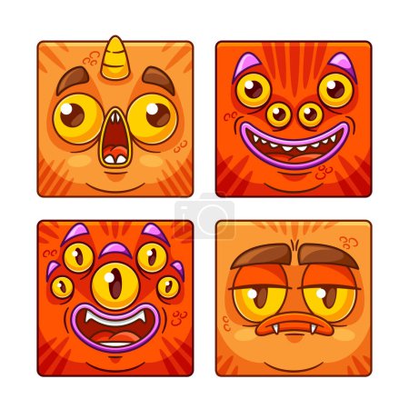 Ilustración de Iconos cuadrados, emojis o avatares de personaje cara de monstruo de dibujos animados con ojos múltiples abultados, dientes afilados, cuernos y cabello naranja o rojo, mostrando sonrisa traviesa, emoción sorpresiva o aburrida, vector - Imagen libre de derechos