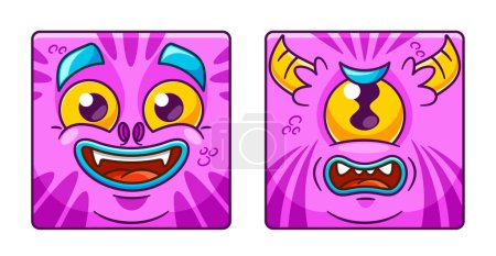 Illustration for Square Icon or Avatar of Cartoon Monster Face Character With Big Round Eyes, Sharp Teeth, And Pink Fur, Featuring Happy Grin, Angry Emotion, and Horns Protruding From Its Head. Vector Illustration - Royalty Free Image