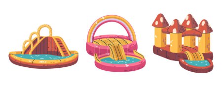 Inflatable Castle With Slides, Pools and Trampolines Offer Vibrant, Bouncy Paradise, Blending Exhilarating Jumps With Swift, Fun Slides For Childhood Adventure And Joy. Cartoon Vector Illustration