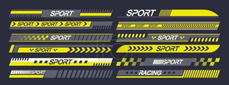 Illustration for Vector Set of Sports Car Stickers Design Elements Evoking Speed And Racing Aesthetics. Arrows, Stripes And Rally Motifs Decals Enhance The Automobile Visual Appeal, Embodying The Spirit Of Speed - Royalty Free Image