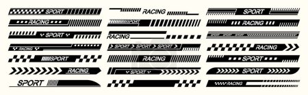 Illustration for Sports Car Stickers Feature Vector Designs Embodying Speed, Racing, And Automotive Motifs. Black and White Stripes, Arrows, And Rally-inspired Elements, Enhance The Aesthetics Of Sport Vehicles - Royalty Free Image