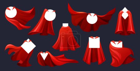 Illustration for Vibrant Crimson Superhero Cloaks with Geometric Frame Shapes. Red Capes Billow Behind, Embodying Power or Mystery With Its Flowing Fabric, Symbol of Protection And Courage. Cartoon Vector Illustration - Royalty Free Image