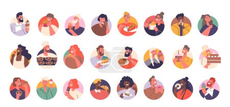 Illustration for Set Of Male And Female Character Avatars with Different Pastry, Confectionery and Sweets. People Indulge with Ice Cream, Cakes, Candy Canes and Bakery. Donut, Pies, Muffin. Cartoon Vector Illustration - Royalty Free Image