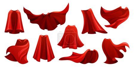 Illustration for Vector Set of Flowing Red Superhero Cloaks Billow Behind Isolated on White Background. Crimson Super Hero Capes Collection Embodying Power And Mystery, Igniting Hope, Symbolizing Courage or Protection - Royalty Free Image