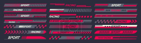 Illustration for Sports Car Stickers Feature Vector Designs With Speed-themed Elements Like Arrows And Stripes in Red and Black Colors. Racing Automobile Decals Embodying The Essence Of Speed And Rally Sport - Royalty Free Image