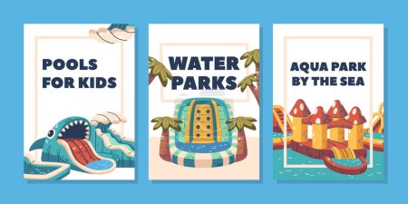 Ilustración de Banners vectoriales con emocionantes diapositivas inflables con piscinas, escaparate emocionantes diapositivas inflables que conducen a piscinas refrescantes, perfectas para fiestas y eventos de verano. Carteles promocionales de Water Park o Aquapark - Imagen libre de derechos
