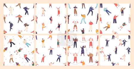 Illustration for Seamless Patterns or Tiles Set Featuring Diverse Characters. People Connected By A Colorful Thread, Singing Karaoke, Happy Bride and Groom Couple, Funny Diverse Children. Cartoon Vector Illustration - Royalty Free Image