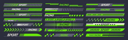 Illustration for Green and Black Sports Car Stickers Vector Designs, Symbolizing Speed And Racing. Automotive Icons Like Stripes, Arrows, And Rally Decals, Enhancing The Vehicle Dynamic Appearance, Race Emblems Set - Royalty Free Image