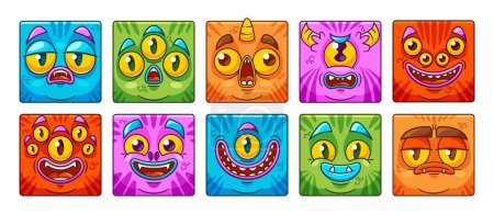 Ilustración de Iconos cuadrados o avatares del monstruo se enfrentan a personajes de dibujos animados con características expresivas, con colores vivos y expresiones exageradas, capturando varias emociones como alegría, miedo o sorpresa - Imagen libre de derechos
