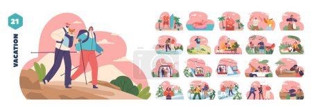 Isolated Vector Elements with Adventurous Characters on Vacation. Winter Hikers or Mountain Climber Embark On A Snowy Journey With Backpacks, Cartoon People Relax on Beach, Safari Park or Barbecue