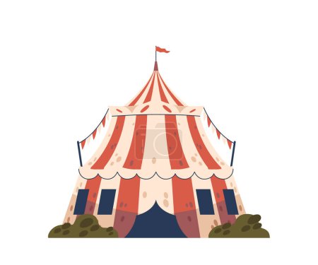Illustration for Circus Big Top Tent, Grand, Billowing Canopy, Adorned With Colorful Stripes And Adorned With Lights, Shelters The Marvels Within, Where Laughter And Wonder Intertwine. Cartoon Vector Illustration - Royalty Free Image