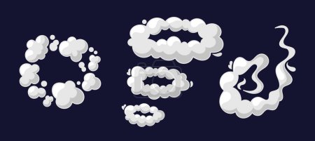 Photo for Cartoon Smoke Effects, Food Flavor, Coffee And Tea Steam, Cigarette or Hookah Rings. White Vector Aroma Or Toxic Clouds, Vapor Or Dust Trails. Flow Mist Or Smoky Chemical Steam, Isolated Comic Boom - Royalty Free Image