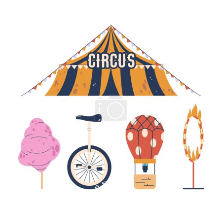 Zirkusartikel Set vorhanden. Großes Zelt, Zuckerwatte, Monowheel-Fahrrad, Luftballon und Brennring isolierte Elemente auf weißem Hintergrund. Vergnügungspark-Objekte, Ikonensammlung. Zeichentrickvektorillustration