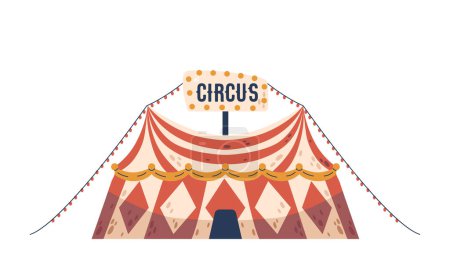 Illustration for Circus Tent, Grand And Colorful Marquee Stand Tall With Stripy Peaks and Light Garland, Beckoning With Promises Of Marvels And Wonders Within. Amusement Park Entertainment. Cartoon Vector Illustration - Royalty Free Image