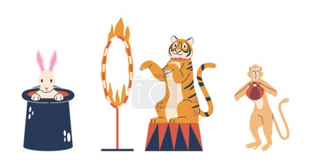 Ilustración de Animales lindos del circo, malabarista del mono, tigre saltando a través del anillo de fuego y conejo blanco sentado en el sombrero del mago. Funny Animals Performers In Amusement Park Or Circus Show (en inglés). Ilustración de vectores de dibujos animados - Imagen libre de derechos