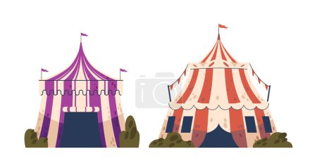 Téléchargez les illustrations : Tentes colorées et grand cirque invitant merveille et excitation sous leurs auvents gonflants. Structures rayées vibrantes et imposantes, exploits de logement de merveille et de rire. Illustration vectorielle de bande dessinée - en licence libre de droit