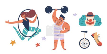 Illustration for Circus Artists Strongman, Aerial Gymnast and Clown Captivate With Dazzling Feats Of Acrobatics, Contortion, Juggling, And Mesmerizing Performances Under The Big Top. Cartoon Vector Illustration - Royalty Free Image