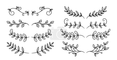 Illustration for Decorative Text Dividers Adorned With Delicate Leaf Motifs Elegantly Enhance The Whitespace, Adding A Touch Of Natural Grace To The Layout. Isolated Vector Monochrome Laurel Separators Collection - Royalty Free Image