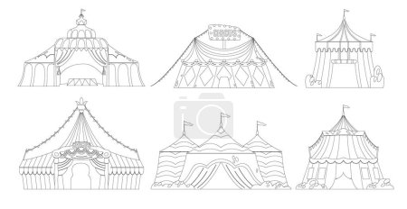 Illustration for Circus Tents Outline Monochrome Vector Icons Set. Amusement Park Vintage Carnival Circus Tents With Flags, Festive Attraction, Entertainment, Striped Marquee Domes, Recreation Coloring Book Images - Royalty Free Image