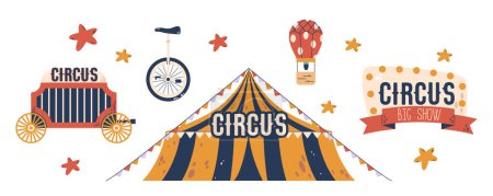 Illustration for Circus Elements or Icons Set. Banner with Light Bulbs, Cart, Monowheel Bike, Colorful Stars and Air Balloon Isolated on White Background. Amusement and Marquee Performance Cartoon Vector Illustration - Royalty Free Image