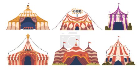 Photo for Circus Tents, Amusement Park Vintage Carnival Big Top Tents With Flags. Attraction, Fun Fair Marquee Striped Domes, Festive Recreation Entertainment Cartoon Vector Illustration Set - Royalty Free Image